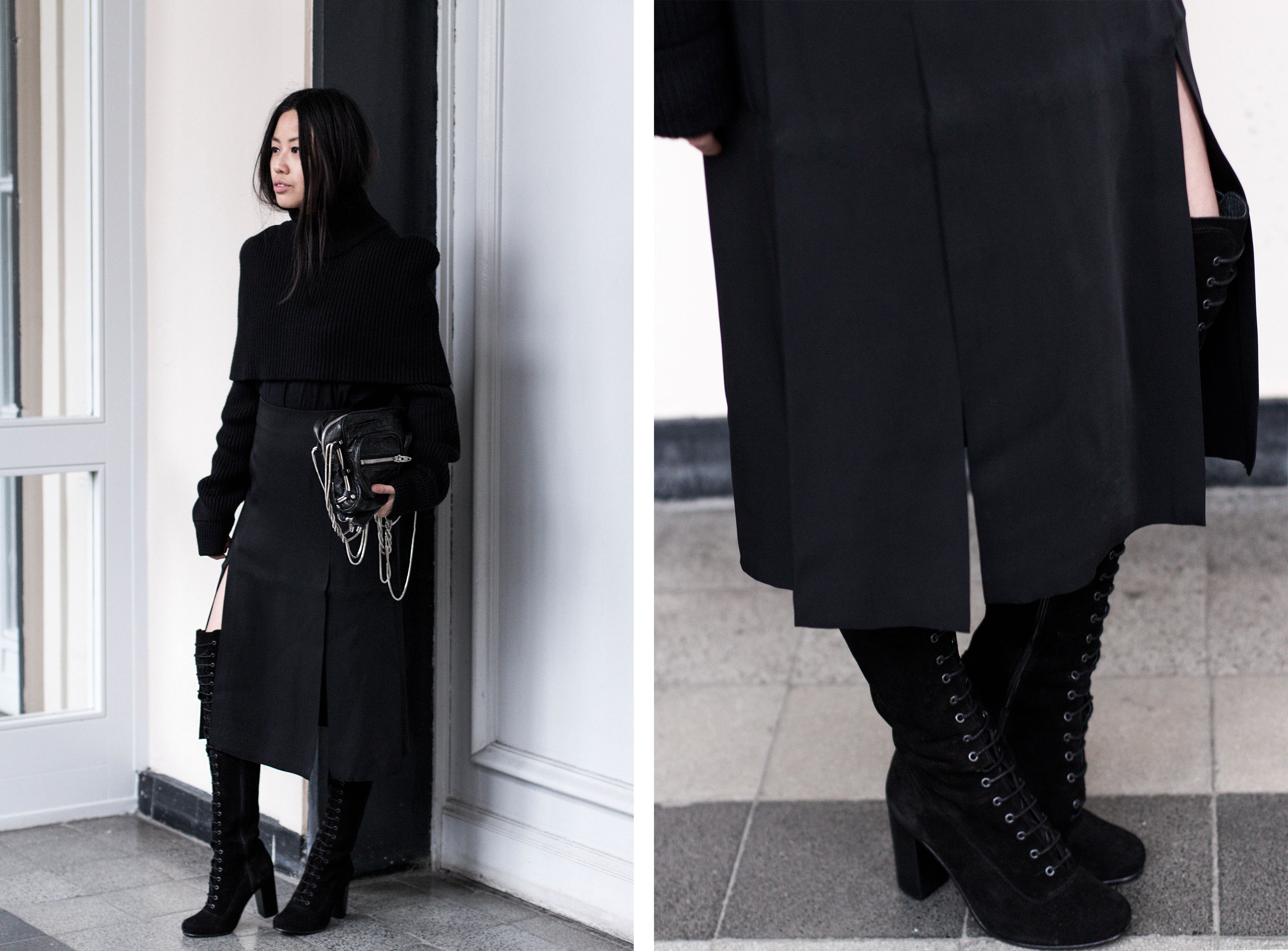 IHEARTALICE.DE – German Fashion & Lifestyle-Blog by Alice M. Huynh: All-Black-Everything Look with Ted&Muffy Lace-up Overknees, Maison Martin Margiela Knitwear Turtleneck, Alexander wang Brenda Leather Bag, &OtherStories Slit Skirt